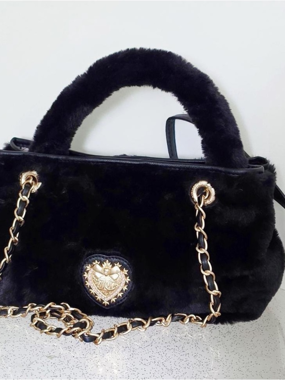 Juicy Couture Black Faux Fur Shoulder Bag with Gold Chain